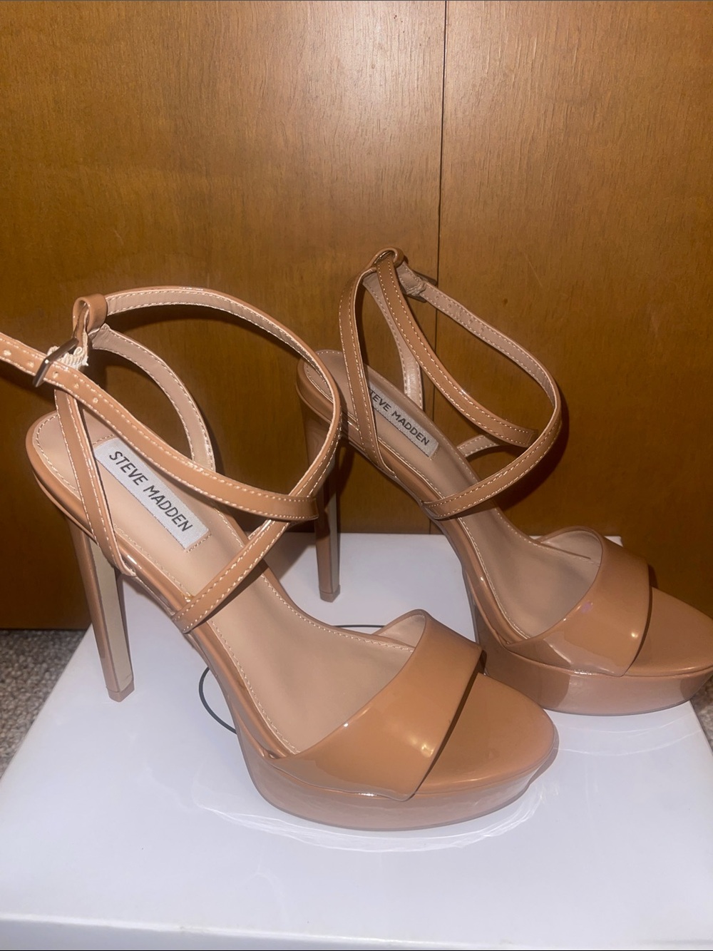 Steve Madden Tan Patent Platform Strappy Heels